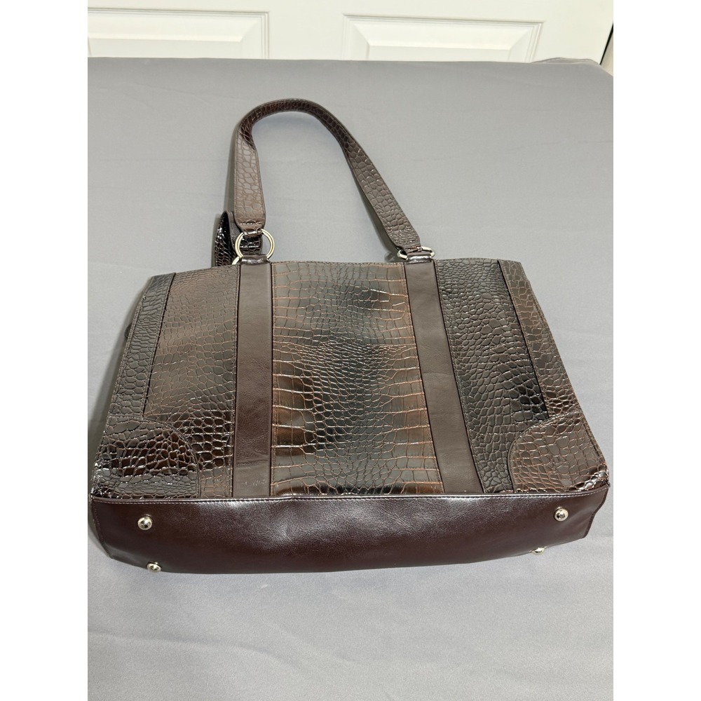 Coldwater Creek Brown Faux Crocodile Embossed Tote Shoulder Bag Silver Hardware - Picture 4 of 7